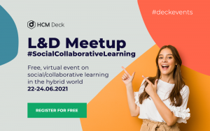 Young, fair-skinned girl with an excited face on a colorful background pointing at text "L&D Meetup #SocialCollaborativeLearning" with a caption and green button "Register for free"