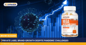 Private Label Express's Mega Multivitamin Gummy bottle and Coronavirus cell with lightning bolt and blue background depicting business growth.