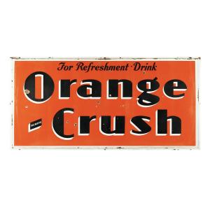 Circa 1938 Orange Crush porcelain sign, 4 feet by 8 feet, not marked but certainly a product of St. Thomas Metal Signs, Ltd. (est. CA$ $4,500-$6,500).