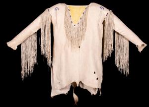 Circa 1920-1930 Native American Kiowa tanned and sinew-sewn deer hide shirt with 17-inch-long fringe and decorative beadwork. Estimate: $7,000-$9,000.