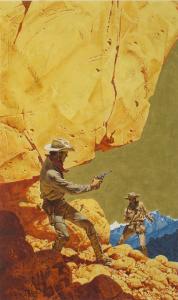 Oil on board gunfight painting by Frank McCarthy (1924-2002), used as an illustration for the book Sangre en la Colina. Estimate: $4,000-$6,000.