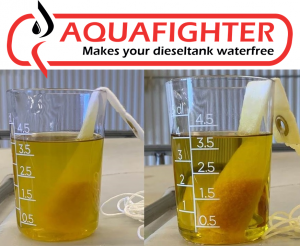 Photo of fuel before Aquafighter and after Aquafighter use. Before Aquafighter the fuel is cloudy and full of water. After Aquafighter the fuel is clear & bright.