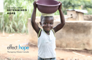 Cover of Report. Image: Small boy carrying a large bowl on his head. Bottom left corner, the Effect Hope logo. Top Left corner, text: 