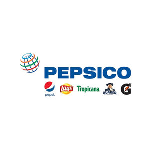 The words PEPSICO in all caps with logos for Pepsi, Lays, Tropicana, Quaker and Gatorade underneath.