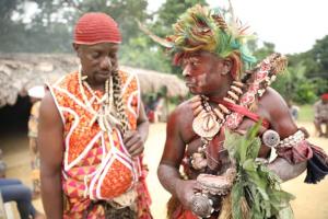 image shows bwiti shaman moughenda and a friend after a bwiti ceremony