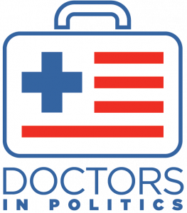 A suitcase with an American flag like symbol in the center and the stars are replaced by a blue cross. Below the suitcase is the Organizational Name, "Doctors In Politics"