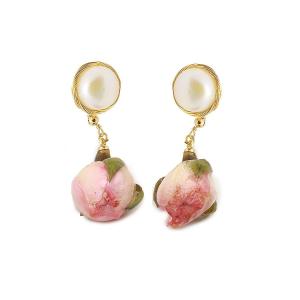 14k gold plated real flower with water pearl earring