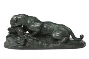 Near life size French green patinated bronze animalier group after the model by Antoine Louis Bayre, 16 inches tall (estimate: $10,000-$20,000).