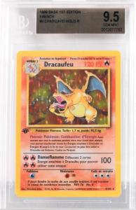 1999 French Pokémon base 1st edition Dracaufeu (Charizard) holographic trading card ($10,000).