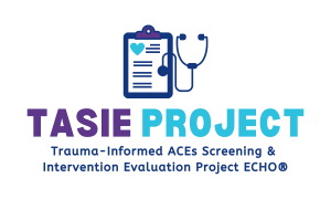 Logo for the "Tasie Project: Trauma-Informed ACEs Screening & Intervention Evaluation Project ECHO" featuring a medical clipboard with a heart.