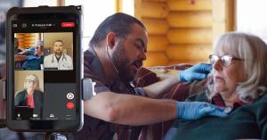 A paramedic uses Pulsara's telehealth platform to start a video call with a patient and other clinicians