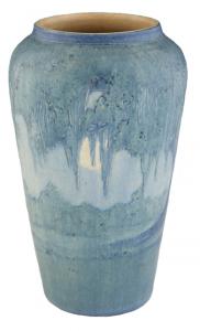 Newcomb College art pottery Moon and Moss matte glaze baluster vase, crafted in 1921 by Anna Frances Simpson, 10 inches tall (estimate: $4,500-$6,500).