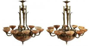 Pair of French bronze and alabaster 12-light chandeliers from the late 19th century, 42 inches in height (estimate: $800-$1,200).