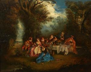 Unsigned 18th century oil on board painted in the manner of Antoine Watteau (French, 1684-1721), titled Fete Galante Picnic (estimate: 3,000-$5,000).