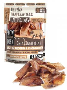 A 12 pack bag of Mighty Paw Naturals Half Pig Ears