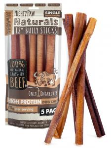 A 5 piece bag of Mighty Paw Naturals Bully Sticks
