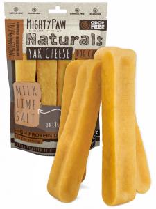 A 4 piece bag of Mighty Paw Naturals Yak Cheese Dog Chews