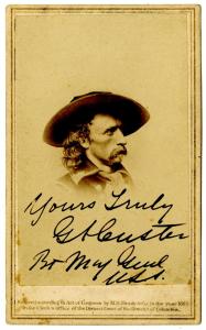 Mathew Brady carte de visite of George A. Custer, signed with rank as "Yours Truly / GA Custer / Bt Maj Genl / U.S.A.," (estimate: $20,000-$26,000).