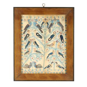 Large (18 inches by 14 inches) watercolor and ink folk art fraktur-type painting by Anna Weber (Canadian, 1814-1888), dated 1870 (estimate: CA$12,000-$18,000).