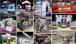 Image shows several trade show booths for designed for different brands with custom lighting, logo treatments and structures for f2f marketing.