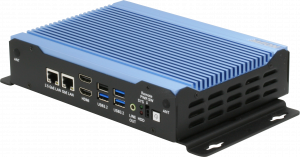 AAEON, an industry leader in embedded solutions, introduces the BOXER-6643-TGU compact industrial system Image shows the front of the BOXER-6643-TGU at a slight angle, showing the main connection ports, including 2.5 Gbps LAN, 1.0 Gbps LAN, two HDMI ports, three USB 3.2 ports and one USB 2.0 port.