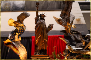 Foundry Michelangelo's production of Frédéric Auguste Bartholdi's Liberty Enlightening the World on display at Treasure Investments Corp's booth in Palm Beach at Barrett Jackson