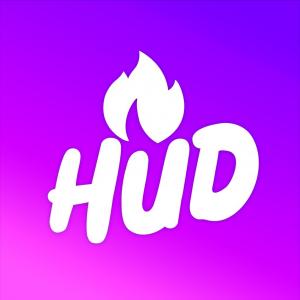 The HUD App logo shows white text on a purple gradient background