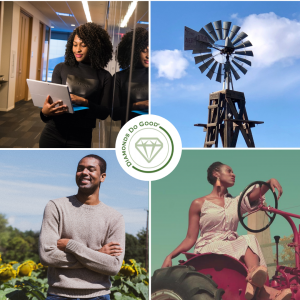 Image of 4 entrepreneurs around the Diamonds Do Good® logo as part of the announcement of the Diamonds Do Good® Entrepreneurship Grant