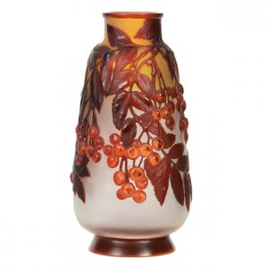 Galle French cameo art glass vase with blown mold cherry branch décor and yellow and white ground with cranberry overlay.