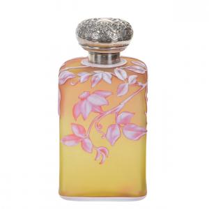 English art glass cologne bottle signed Thomas Webb and Sons, square form, yellow ground with cameo carved floral vine décor.