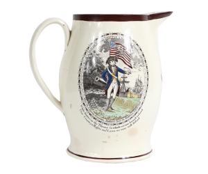 Success to America transfer-decorated creamware cider pitcher, English, dated 1802.