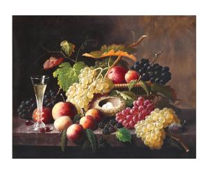 Painting by Severin Roesen (American, 1815-1872), titled Still life of Fruit, signed.