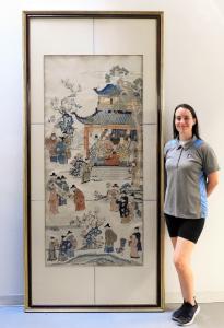 Exceptional 19th century Chinese embroidered silk textile, a large polychromatic embroidered example of fine stitching of gold thread, 68 inches by 32 inches ($25,000).