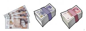 This is an image of cartoon versions of UK currency - £10, £20 and £50