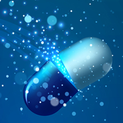 Image shows the dramatic release of the contents of a capsule glowing on a watery blue-green space. Fluid Lock System by HB Biotech is prescription medical device that is orally administered.