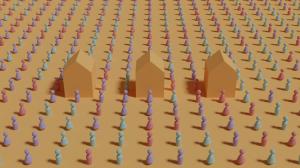 A grid of different colored human representations filling the image with three houses in the middle