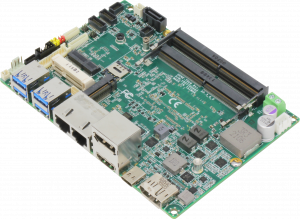 AAEON, an industry leader in AI Edge solutions, announces the GENE-TGU6 subcompact embedded board Image shows an above angled view of the GENE-TGU6 with the I/O ports visible, including four USB 3.2 Gen 2 ports, two LAN ports, one of which is the 2.5 Gigabit per second port, and two display outputs. The two expansion slots as well as the dual memory m