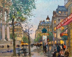 Two renderings by Constantin Kluge (French, 1912-2003) included this Parisian cityscape titled Place de la Madeleine, signed ($9,840).