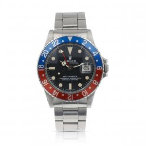 Circa 1972 Rolex GMT-Master watch (Ref. 1675), produced by Rolex from 1959-1980, with red and blue “Pepsi” bezel insert (estimate: CA$25,000-$30,000).