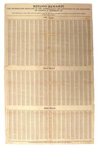 FBI poster relating to the 1932 kidnapping of the Lindbergh baby, with serial numbers of the bills.