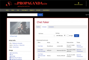 Screenshot of the Schedule tab of an Artist page on the Propaganda Site