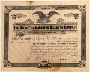 Stock certificate in the amount of one share, for the Silverton Northern Railroad Company, issued to Cora M. Pitcher on Oct. 24, 1921 ($3,125).