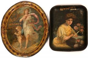 Pair of trays, one for Old Judge Whiskey (Rothenberg Co.) and one for Wieland’s Beer ($625).