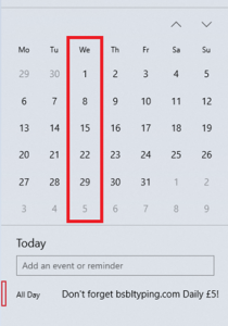 The image shows the Outlook diary page for a calendare month with all of the Wednesdays highlighted