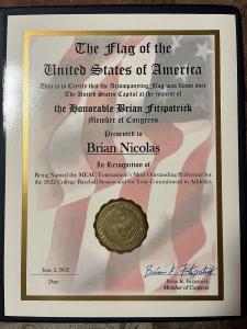 Brian Nicolas Baseball Player Gets Recognition from the U. S. HOUSE OF REPRESENTATIVES