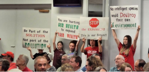 300 angry residents from Seneca County, Ohio protest at a meeting with Waste Innovation's  Sunny Farms Landfill. Sunny Farms takes 97% of its waste by rail from the East Coast. The toxic gases have sickened the entire area.