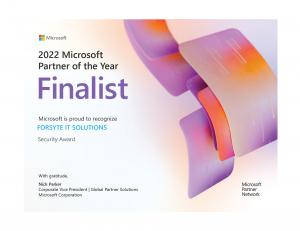 Forsyte I.T. Solutions is recognized by Microsoft as the 2022 Microsoft Security Partner of the Year Runner-Up 1