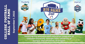 Image of individuals and mascots from Clemson University, Georgia Tec, University of Georgia, and the University of Oregon