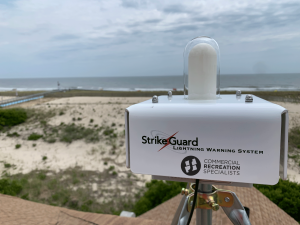 Strike Guard Lightning Warning System, installed by Commercial Recreation Specialists, overlooks Jersey Shore from the rooftop of lifeguard station