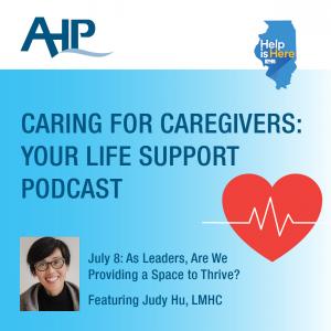 Logo for Caring for Caregivers podcast with image of presenter Judy Hu